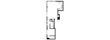 A floor plan of a house with a kitchen, living room, and bathroom.