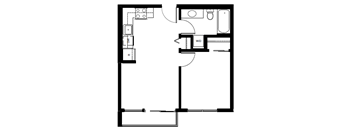 A floor plan of a house with a kitchen, living room, and bathroom.