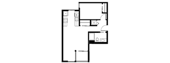A floor plan of a house with a kitchen, living room, and bathroom.
