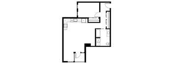 A black and white image of a floor plan with a kitchen, living room, and bathroom.