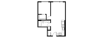 A floor plan of a house with a kitchen, living room, and bathroom.