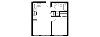 A floor plan of a room with a kitchen area, a bathroom, and a living room.