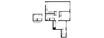 A black and white image of a bathroom layout.