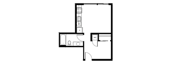 A floor plan of a room with a kitchen area, a bathroom, and a living room.