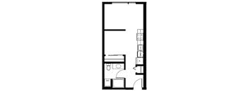 A floor plan of a room with a kitchen area and a bathroom.