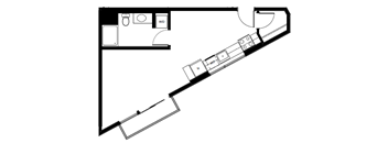 A black and white drawing of a room with furniture and a desk.