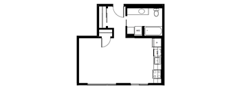 A floor plan of a room with a kitchen area and a bathroom.