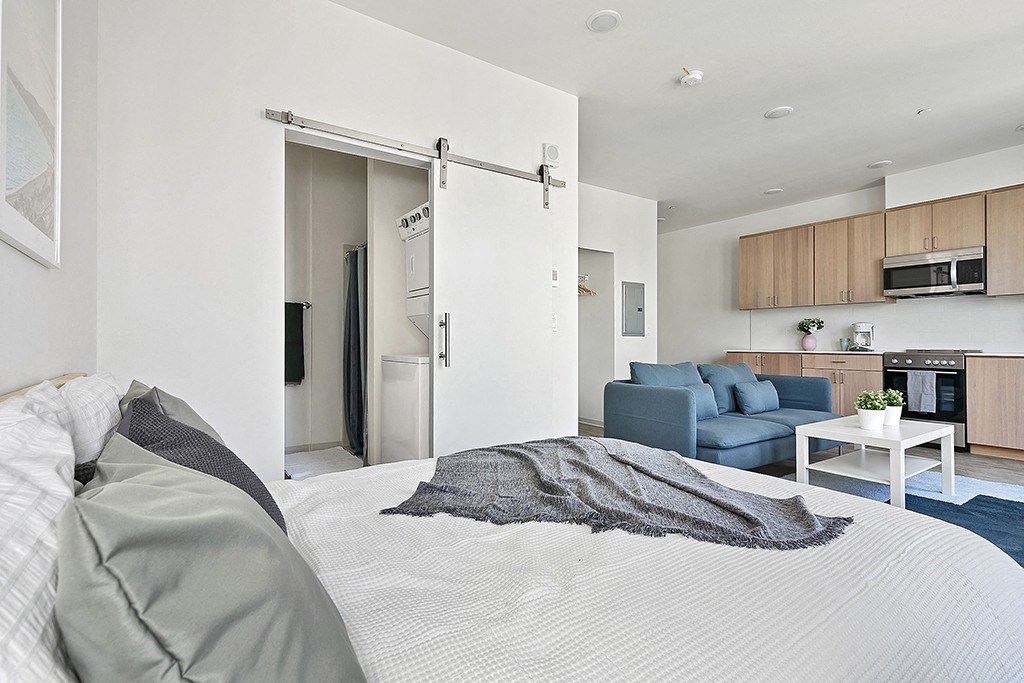 a bedroom with a bed and a living room with a couch