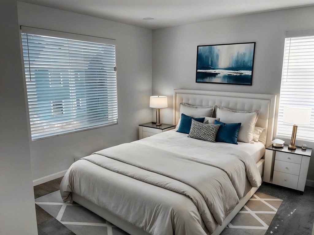 A bedroom with a large bed, two lamps, and a painting on the wall.