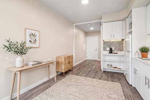 Studio living area with a console table and cabinet, wood-look flooring, and the kitchenette beside the entry.