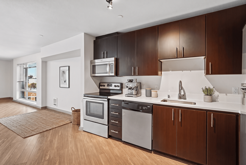 A modern kitchen with dark brown cabinets and stainless steel appliances.