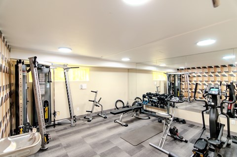 A well-equipped gym with various exercise machines.