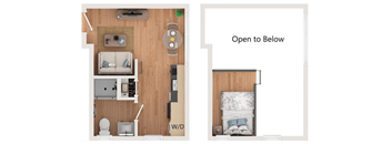 A floor plan of a one-bedroom apartment with a living room, kitchen, and bathroom.