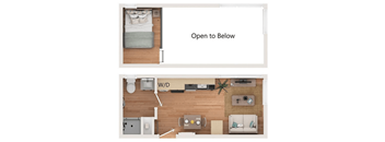 A floor plan of a room with a bed and a couch.