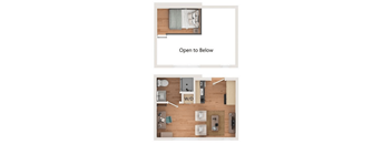 A top-down view of a bedroom and kitchen area with the text "Open to Below" and a "W/D" label.