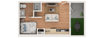 A top-down view of a small apartment layout with labeled sections.