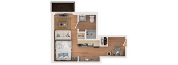 A top-down view of a small apartment layout with a bed, couch, and kitchen area.
