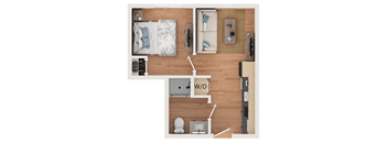 A top down view of a small apartment with a bed, a couch, a small kitchen, and a bathroom.