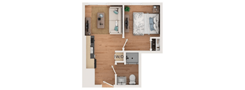 A top-down view of a small apartment with a living room, kitchen, and bathroom.