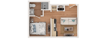 A top down view of a living room with a couch, coffee table, and a kitchen area.