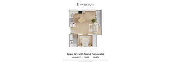 Open 1x1 with Island Renovated