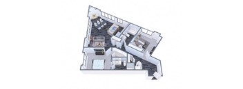 A top down view of a house with a kitchen, living room, and dining area.