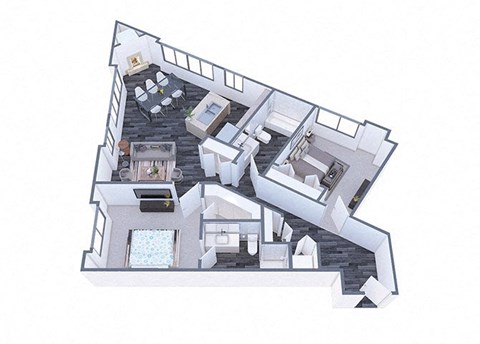 A top down view of a house with a kitchen, living room, and dining area.