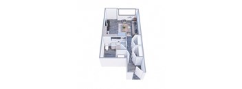 A top-down view of a modern apartment layout with a kitchen, living room, and bedrooms.