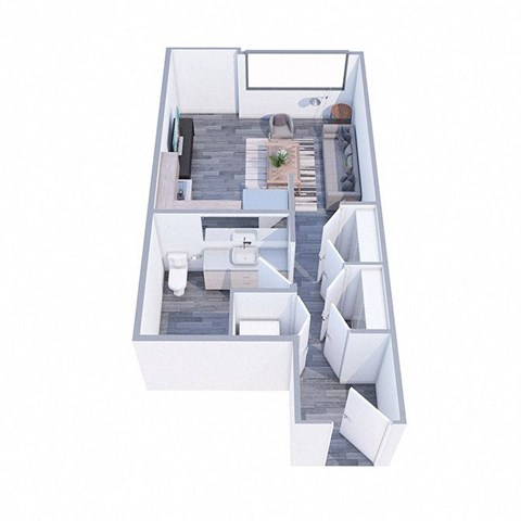 A top-down view of a modern apartment layout with a kitchen, living room, and bedrooms.