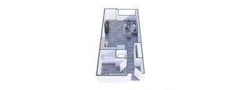 A top down view of a modern apartment with a kitchen, living room, and bedroom.