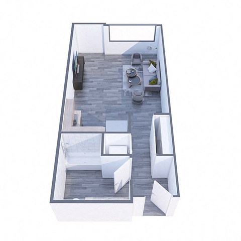 A top down view of a modern apartment with a kitchen, living room, and bedroom.