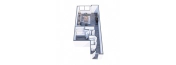 A top down view of a modern apartment with a kitchen, living room and bathroom.