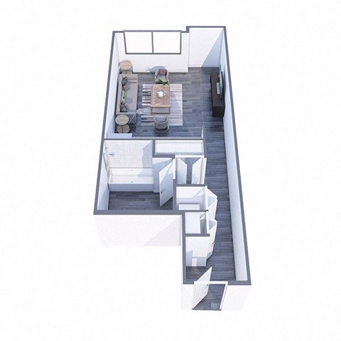 A top down view of a modern apartment with a kitchen, living room and bathroom.