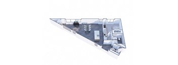 A white floor plan of a house with a kitchen, living room, and bedrooms.