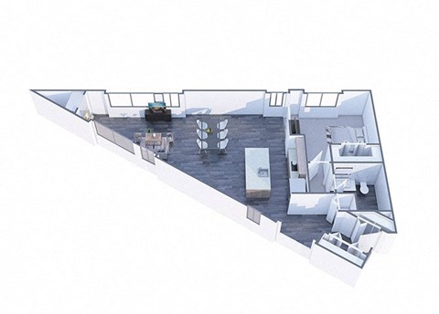 A white floor plan of a house with a kitchen, living room, and bedrooms.