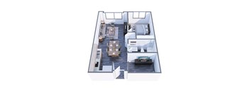 A top down view of a modern apartment with a kitchen, living room, and bedroom.
