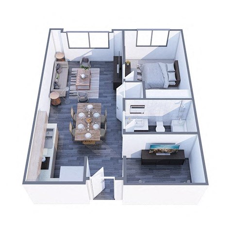 A top down view of a modern apartment with a kitchen, living room, and bedroom.