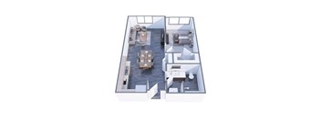 A 3D floor plan of a house with a dining area, kitchen, and bathroom.