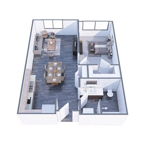 A 3D floor plan of a house with a dining area, kitchen, and bathroom.