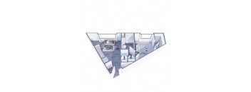A 3D floor plan of a house with a kitchen, living room, and bathroom.