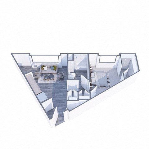 A 3D floor plan of a house with a kitchen, living room, and bathroom.