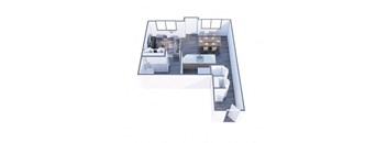 A top down view of a modern house interior with a dining table surrounded by chairs.