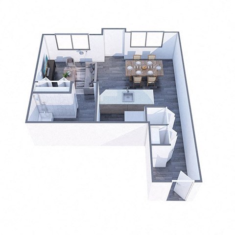 A top down view of a modern house interior with a dining table surrounded by chairs.