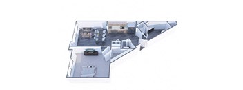 A floor plan of a house with a living room, kitchen, and two bedrooms.