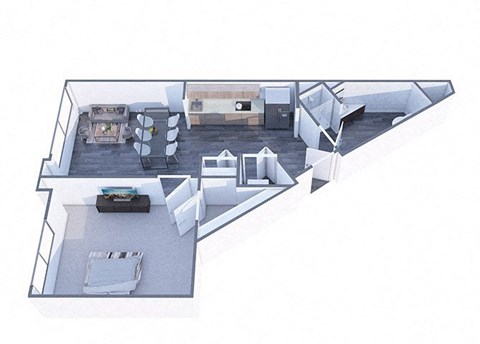 A floor plan of a house with a living room, kitchen, and two bedrooms.