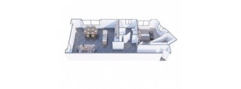 A drawing of a house with a kitchen, dining room, and living room.