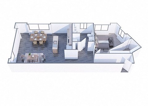 A drawing of a house with a kitchen, dining room, and living room.