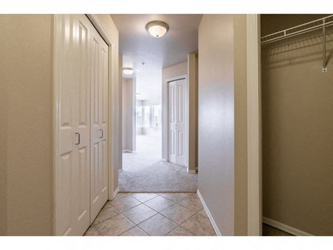 a hallway with closets and doors and a carpeted floor