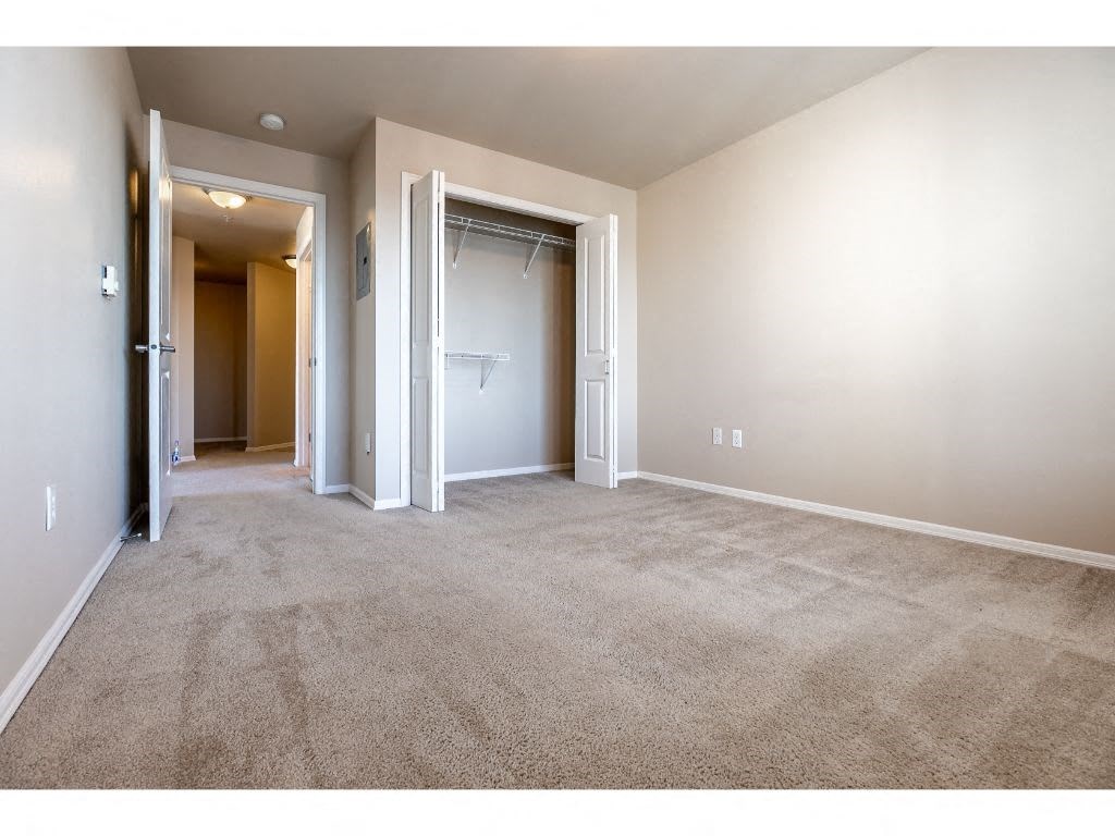 an empty room with closet doors and a carpeted floor
