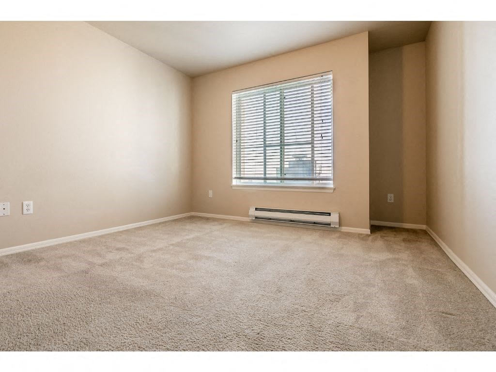 an empty room with a window and carpet